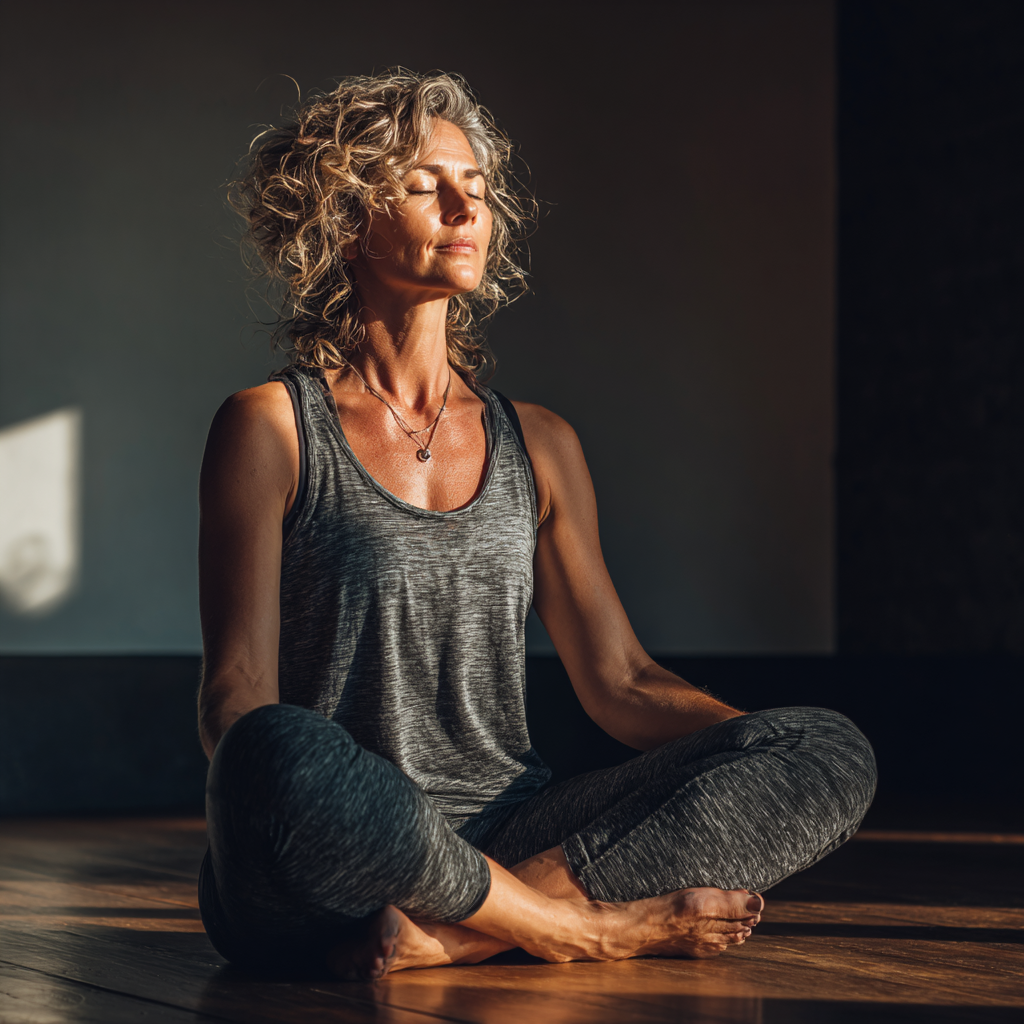 Peaceful middle-aged woman in her late 40s practicing yoga meditation in a serene studio setting, sitting cross-legged with eyes closed, wearing comfortable athletic wear, emanating tranquility and mindfulness