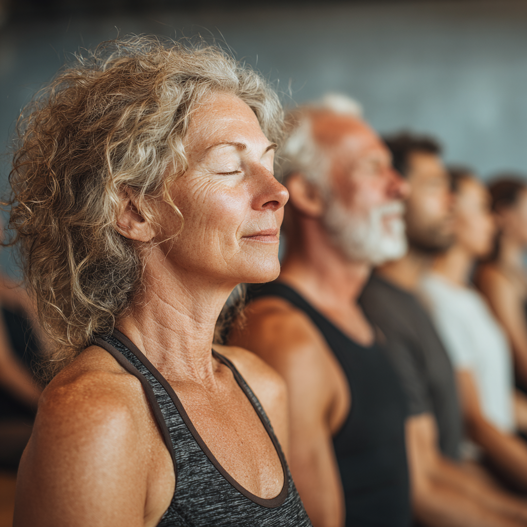 Diverse group of mature adults aged 45-55 practicing yoga together in a bright studio, showing community and wellness, with participants of different backgrounds engaging in supportive group exercise, emphasizing inclusivity and health